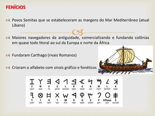 
FENÍCIOS
 Povos Semitas que se estabeleceram as margens do Mar Mediterrâneo (atual
Líbano)
 Maiores navegadores da antiguidade, comercializando e fundando colônias
em quase todo litoral ao sul da Europa e norte da África
 Fundaram Carthago (rivais Romanos)
 Criaram o alfabeto com sinais gráfico e fonéticos
 