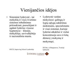 Vienijančios idėjosLyderystė vardan mokymosi: galingų ir lygių sąlygų sukūrimas mokiniams, specialistams ir visai sistemai, kurioje  lyderiai atkakliai ir viešai koncentruoja savo ir kitų dėmesį į mokymą ir mokymąsi. D.Fink, A.Hargreaves, Tvarioji lyderystėSisteminėlyderystė - tai mokyklų ir visos švietimo sistemostobulinimaspritraukiant, puoselėjant ir ugdantlyderiusvisuoselygmenyse – klasėje, mokykloje, savivaldybėje ir nacionaliniumastu. OECD, ImprovingSchoolLeadership