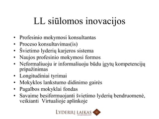 LL siūlomos inovacijosProfesinio mokymosi konsultantas Proceso konsultavimas(is)Švietimo lyderių karjeros sistemaNaujos profesinio mokymosi formosNeformaliuoju ir informaliuoju būdu įgytų kompetencijų pripažinimasLongitudiniai tyrimaiMokyklos lankstumo didinimo gairėsPagalbos mokyklai fondasSavaime besiformuojanti švietimo lyderių bendruomenė, veikianti  Virtualioje aplinkoje