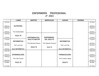 ENFERMERÍA PROFESIONALENFERMERÍA PROFESIONALENFERMERÍA PROFESIONALENFERMERÍA PROFESIONAL
2º AÑO
LUNESLUNESLUNESLUNES MARTESMARTESMARTESMARTES MIERCOLESMIERCOLESMIERCOLESMIERCOLES JUEVESJUEVESJUEVESJUEVES VIERNESVIERNESVIERNESVIERNES
15:15 hs 15:15 hs
16:00 hs NUTRICIÓNNUTRICIÓNNUTRICIÓNNUTRICIÓN 16:00 hs
16:00 hs 16:00 hs
16:45 hs Prof: Natalia Malah 16:45 hs
16:45 hs 16:45 hs
AULA 10AULA 10AULA 10AULA 10
17:30 hs ENFERMERIA DELENFERMERIA DELENFERMERIA DELENFERMERIA DEL ENFERMERIAENFERMERIAENFERMERIAENFERMERIA 17:30 hs
17:30 hs ADULTO MAYORADULTO MAYORADULTO MAYORADULTO MAYOR DEL ADULTODEL ADULTODEL ADULTODEL ADULTO 17:30 hs
INFORMÁTICAINFORMÁTICAINFORMÁTICAINFORMÁTICA INFORMÁTICAINFORMÁTICAINFORMÁTICAINFORMÁTICA
18:15 hs Prof: Marcelo Carrazco Prof: Marcelo Carrazco 18:15 hs
18:15 hs Prof: Luis Frías Prof: Luis Frías 18:15 hs
AULA 10AULA 10AULA 10AULA 10 AULA 10AULA 10AULA 10AULA 10
19:00 hs SALA INFORMÁTICASALA INFORMÁTICASALA INFORMÁTICASALA INFORMÁTICA SALA INFORMÁTICASALA INFORMÁTICASALA INFORMÁTICASALA INFORMÁTICA 19:00 hs
19:00 HS 19:00 HS
19:45 hs EPIDEMIOLOGÍAEPIDEMIOLOGÍAEPIDEMIOLOGÍAEPIDEMIOLOGÍA FARMACOLOGÍAFARMACOLOGÍAFARMACOLOGÍAFARMACOLOGÍA 19:45 hs
19:45 hs 19:45 hs
Prof: Aldo Tosolini Prof: Cordero- Nápoli
20:30 hs 20:30 hs
20:30hs AULA 10AULA 10AULA 10AULA 10 AULA 9AULA 9AULA 9AULA 9 20:30hs
21:15 hs 21:15 hs
 