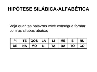 HIPÓTESE SILÁBICA-ALFABÉTICA
Veja quantas palavras você consegue formar
com as sílabas abaixo:
PI TE GOS LA LI ME E RU
DE NA MO NI TA BA TO CO
 