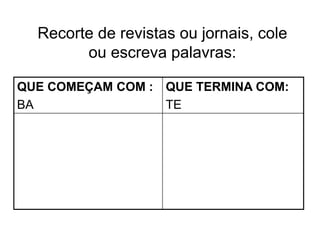 Recorte de revistas ou jornais, cole
ou escreva palavras:
QUE COMEÇAM COM :
BA
QUE TERMINA COM:
TE
 
