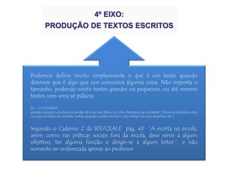 Podemos definir muito simplesmente o que é um texto quando
dizemos que é algo que nos comunica alguma coisa. Não importa o
tamanho, podendo existir textos grandes ou pequenos, ou até mesmo
textos com uma só palavra:
Ex.: CACHORRO
quando colocado em placa no portão de uma casa, sítios, etc (isto chamamos de contexto). Temos ainda textos orais
(os que nós falamos), escritos, verbais quando contém escritos e não verbais (só com desenhos, etc.).
Segundo o Caderno 2 da SEE/CEALE pag. 49 “A escrita na escola,
assim como nas práticas sociais fora da escola, deve servir a algum
objetivo, ter alguma função e dirigir-se a algum leitor.”, e não
somente ser endereçada apenas ao professor.
4º EIXO:
PRODUÇÃO DE TEXTOS ESCRITOS
 