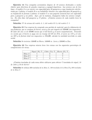 Ejercicio 14 Una compañia aeronáutica dispone de 10 aviones destinados a vuelos
chárter para directivos de grandes empresas y equipod deportivos. Los aviones son de tres
tipos: el modelo A es un reactor con capacidad para 30 pasajeros y cuya tripulación está for-
mada por 3 pilotos; el modelo B es un turbohélice bimotor con capacidad para 20 pasajeros y
su tripulación la forman 2 pilotos; el modelo C es una pequeña avioneta-taxi con capacidad
para 4 pasajeros y un piloto. Ayer, por la mañana, despegaron todos los aviones comple-
tos. En ellos iban 140 pasajeros y 17 pilotos. ¿
Cuántos aviones de cada modelo tiene la
compañia?
Solución: No de aviones del modelo A: 2; del modelo B: 3 y del modelo C: 5
Ejercicio 15 Una empresa ha comprado una partida de material, para la elaboración de
sus productos, que se compone de hierro, acero y zinc por importe de 50000e (sin impuestos).
El valor del zinc es de 6000e menos que el del hierro y el acero conjuntamente. Teniendo
en cuenta que el hierro se paga con un recargo del 6% de IVA, el acero un 12% y el zinc
un 30% y la factura total con impuestos es 59240e, calcular la cantidad invertida en cada
metal.
Solución: Se invierten 12000e en Hierro, 16000e en Acero y 22000e en Zinc.
Ejercicio 16 Una empresa minera tiene tres minas con los siguientes porcentajes de
composiciones de mena:
Níquel (Ni) % Cobre (Cu) % Hierro (Fe) %
Mina A 1 2 3
Mina B 2 5 7
Mina C 1 3 1
¿
Cuántas toneladas de cada mina deben utilizarse para obtener 7 toneladas de níquel, 18
de cobre y 16 de hierro?
Solución: Se utilizan 200 toneladas de la Mina A, 100 toneladas de la Mina B y 300 toneladas
de la Mina C.
 