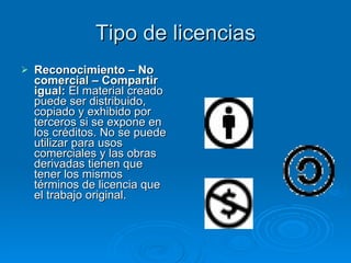 Tipo de licencias Reconocimiento – No comercial – Compartir igual:  El material creado  puede ser distribuido, copiado y exhibido por terceros si se expone en los créditos. No se puede utilizar para usos comerciales y las obras derivadas tienen que tener los mismos términos de licencia que el trabajo original. 