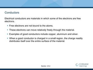 Conductors
Electrical conductors are materials in which some of the electrons are free
electrons.
 Free electrons are not bound to the atoms.
 These electrons can move relatively freely through the material.
 Examples of good conductors include copper, aluminum and silver.
 When a good conductor is charged in a small region, the charge readily
distributes itself over the entire surface of the material.
Section 23.2
 