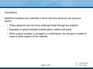 Insulators
Electrical insulators are materials in which all of the electrons are bound to
atoms.
 These electrons can not move relatively freely through the material.
 Examples of good insulators include glass, rubber and wood.
 When a good insulator is charged in a small region, the charge is unable to
move to other regions of the material.
Section 23.2
 
