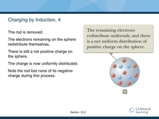 Charging by Induction, 4
The rod is removed.
The electrons remaining on the sphere
redistribute themselves.
There is still a net positive charge on
the sphere.
The charge is now uniformly distributed.
Note the rod lost none of its negative
charge during this process.
Section 23.2
 