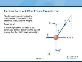 Electrical Force with Other Forces, Example cont.
The force diagram includes the
components of the tension, the
electrical force, and the weight.
Solve for |q|
If the charge of the spheres is not
given, you cannot determine the sign of
q, only that they both have same sign.
Section 23.3
 