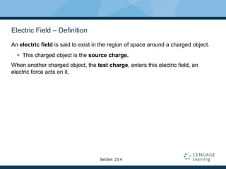 Electric Field – Definition
An electric field is said to exist in the region of space around a charged object.
 This charged object is the source charge.
When another charged object, the test charge, enters this electric field, an
electric force acts on it.
Section 23.4
 