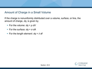 Amount of Charge in a Small Volume
If the charge is nonuniformly distributed over a volume, surface, or line, the
amount of charge, dq, is given by
 For the volume: dq = ρ dV
 For the surface: dq = σ dA
 For the length element: dq = λ dℓ
Section 23.5
 