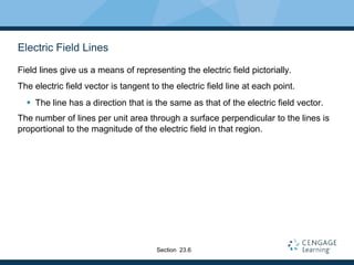 Electric Field Lines
Field lines give us a means of representing the electric field pictorially.
The electric field vector is tangent to the electric field line at each point.
 The line has a direction that is the same as that of the electric field vector.
The number of lines per unit area through a surface perpendicular to the lines is
proportional to the magnitude of the electric field in that region.
Section 23.6
 