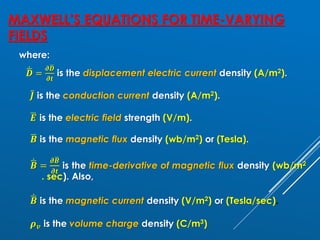 MAXWELL’S EQUATIONS FOR TIME-VARYING
FIELDS
where:
ሶ
ഥ
𝑫 =
𝝏ഥ
𝑫
𝝏𝒕
is the displacement electric current density (A/m2).
ҧ
𝑱 is the conduction current density (A/m2).
ഥ
𝑬 is the electric field strength (V/m).
ഥ
𝑩 is the magnetic flux density (wb/m2) or (Tesla).
ሶ
ഥ
𝑩 =
𝝏ഥ
𝑩
𝝏𝒕
is the time-derivative of magnetic flux density (wb/m2
. sec). Also,
ሶ
ഥ
𝑩 is the magnetic current density (V/m2) or (Tesla/sec).
𝝆𝒗 is the volume charge density (C/m3)
 