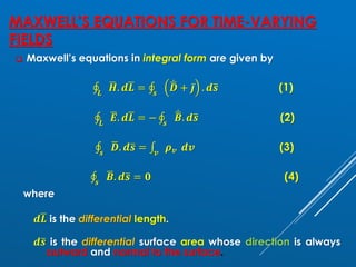 MAXWELL’S EQUATIONS FOR TIME-VARYING
FIELDS
❑ Maxwell’s equations in integral form are given by
‫ׯ‬
𝑳
ഥ
𝑯. 𝒅ഥ
𝑳 = ‫ׯ‬
𝒔
ሶ
ഥ
𝑫 + ҧ
𝒋 . 𝒅ത
𝒔 (1)
‫ׯ‬
𝑳
ഥ
𝑬. 𝒅ഥ
𝑳 = − ‫ׯ‬
𝒔
ሶ
ഥ
𝑩. 𝒅ത
𝒔 (2)
‫ׯ‬
𝒔
ഥ
𝑫. 𝒅ത
𝒔 = ‫׬‬
𝒗
𝝆𝒗 𝒅𝒗 (3)
‫ׯ‬
𝒔
ഥ
𝑩. 𝒅ത
𝒔 = 𝟎 (4)
where
𝒅ഥ
𝑳 is the differential length.
𝒅ത
𝒔 is the differential surface area whose direction is always
outward and normal to the surface.
 