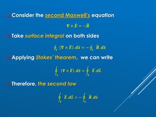 ❑ Consider the second Maxwell’s equation
𝛁 × ഥ
𝑬 = − ሶ
ഥ
𝑩
❑ Take surface integral on both sides
‫ׯ‬
𝒔
𝛁 × ഥ
𝑬 . 𝒅ത
𝒔 = − ‫ׯ‬
𝒔
ሶ
ഥ
𝑩. 𝒅ത
𝒔
❑ Applying Stokes’ theorem, we can write
ර
𝒔
𝛁 × ഥ
𝑬 . 𝒅ത
𝒔 = ර
𝑳
ഥ
𝑬. 𝒅ത
𝑳
❑ Therefore, the second low
ර
𝑳
ഥ
𝑬. 𝒅ത
𝑳 = − ර
𝒔
ሶ
ഥ
𝑩. 𝒅ത
𝒔
 