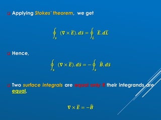 ❑ Applying Stokes’ theorem, we get
ර
𝒔
𝛁 × ഥ
𝑬 . 𝒅ത
𝒔 = ර
𝑳
ഥ
𝑬. 𝒅ഥ
𝑳
❑ Hence,
ර
𝒔
𝛁 × ഥ
𝑬 . 𝒅ത
𝒔 = − ර
𝒔
ሶ
ഥ
𝑩. 𝒅ത
𝒔
❑ Two surface integrals are equal only if their integrands are
equal,
𝛁 × ഥ
𝑬 = − ሶ
ഥ
𝑩
 