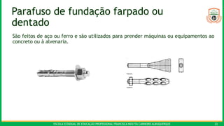 ESCOLA ESTADUAL DE EDUCAÇÃO PROFISSIONAL FRANCISCA NEILYTA CARNEIRO ALBUQUERQUE 22
Parafuso de fundação farpado ou
dentado
São feitos de aço ou ferro e são utilizados para prender máquinas ou equipamentos ao
concreto ou à alvenaria.
 