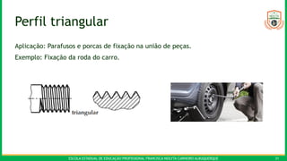 ESCOLA ESTADUAL DE EDUCAÇÃO PROFISSIONAL FRANCISCA NEILYTA CARNEIRO ALBUQUERQUE 31
Perfil triangular
Aplicação: Parafusos e porcas de fixação na união de peças.
Exemplo: Fixação da roda do carro.
 