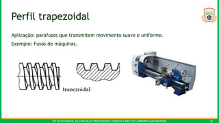ESCOLA ESTADUAL DE EDUCAÇÃO PROFISSIONAL FRANCISCA NEILYTA CARNEIRO ALBUQUERQUE 32
Perfil trapezoidal
Aplicação: parafusos que transmitem movimento suave e uniforme.
Exemplo: Fusos de máquinas.
 