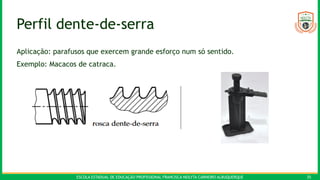 ESCOLA ESTADUAL DE EDUCAÇÃO PROFISSIONAL FRANCISCA NEILYTA CARNEIRO ALBUQUERQUE 35
Perfil dente-de-serra
Aplicação: parafusos que exercem grande esforço num só sentido.
Exemplo: Macacos de catraca.
 