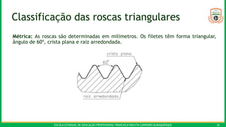 ESCOLA ESTADUAL DE EDUCAÇÃO PROFISSIONAL FRANCISCA NEILYTA CARNEIRO ALBUQUERQUE 36
Classificação das roscas triangulares
Métrica: As roscas são determinadas em milímetros. Os filetes têm forma triangular,
ângulo de 60º, crista plana e raiz arredondada.
 