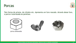 ESCOLA ESTADUAL DE EDUCAÇÃO PROFISSIONAL FRANCISCA NEILYTA CARNEIRO ALBUQUERQUE 41
Porcas
Tem forma de prisma, de cilindro etc. Apresenta um furo roscado. Através desse furo,
a porca é atarraxada ao parafuso.
 