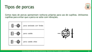 ESCOLA ESTADUAL DE EDUCAÇÃO PROFISSIONAL FRANCISCA NEILYTA CARNEIRO ALBUQUERQUE 46
Tipos de porcas
Certos tipos de porcas apresentam ranhuras próprias para uso de cupilhas. Utilizamos
cupilhas para evitar que a porca se solte com vibrações.
 