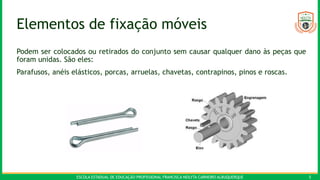 ESCOLA ESTADUAL DE EDUCAÇÃO PROFISSIONAL FRANCISCA NEILYTA CARNEIRO ALBUQUERQUE 5
Elementos de fixação móveis
Podem ser colocados ou retirados do conjunto sem causar qualquer dano às peças que
foram unidas. São eles:
Parafusos, anéis elásticos, porcas, arruelas, chavetas, contrapinos, pinos e roscas.
 