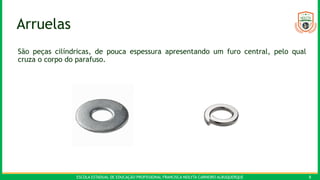 ESCOLA ESTADUAL DE EDUCAÇÃO PROFISSIONAL FRANCISCA NEILYTA CARNEIRO ALBUQUERQUE 8
Arruelas
São peças cilíndricas, de pouca espessura apresentando um furo central, pelo qual
cruza o corpo do parafuso.
 