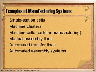 Arif Rahman – The Production Systems
Single-station cells
Machine clusters
Machine cells (cellular manufacturing)
Manual assembly lines
Automated transfer lines
Automated assembly systems
Examples of Manufacturing Systems
10
 