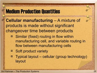 Arif Rahman – The Production Systems
Cellular manufacturing – A mixture of
products is made without significant
changeover time between products
¤ Similar (fixed) routing in flow within
manufacturing cell, and variable routing in
flow between manufacturing cells
¤ Soft product variety
¤ Typical layout – cellular (group technology)
layout
Medium Production Quantities
29
 