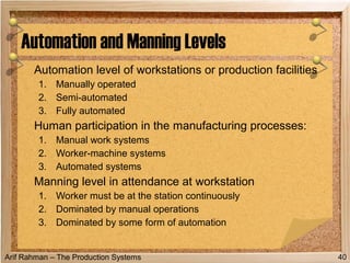 Arif Rahman – The Production Systems
Automation level of workstations or production facilities
1. Manually operated
2. Semi-automated
3. Fully automated
Human participation in the manufacturing processes:
1. Manual work systems
2. Worker-machine systems
3. Automated systems
Manning level in attendance at workstation
1. Worker must be at the station continuously
2. Dominated by manual operations
3. Dominated by some form of automation
Automation and Manning Levels
40
 