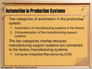 Arif Rahman – The Production Systems
Two categories of automation in the production
system:
1. Automation of manufacturing systems in the factory
2. Computerization of the manufacturing support
systems
The two categories overlap because
manufacturing support systems are connected
to the factory manufacturing systems
¤ Computer-Integrated Manufacturing (CIM)
Automation in Production Systems
72
 