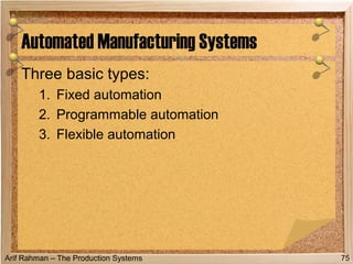 Arif Rahman – The Production Systems
Three basic types:
1. Fixed automation
2. Programmable automation
3. Flexible automation
Automated Manufacturing Systems
75
 