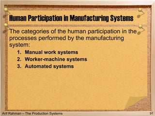 Arif Rahman – The Production Systems
The categories of the human participation in the
processes performed by the manufacturing
system:
1. Manual work systems
2. Worker-machine systems
3. Automated systems
Human Participation in Manufacturing Systems
91
 