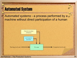 Arif Rahman – The Production Systems
Automated System
94
Automated systems - a process performed by a
machine without direct participation of a human
 