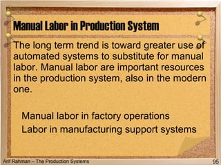 Arif Rahman – The Production Systems
The long term trend is toward greater use of
automated systems to substitute for manual
labor. Manual labor are important resources
in the production system, also in the modern
one.
Manual labor in factory operations
Labor in manufacturing support systems
Manual Labor in Production System
95
 
