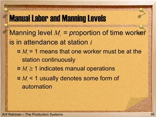 Arif Rahman – The Production Systems
Manning level Mi = proportion of time worker
is in attendance at station i
¤ Mi = 1 means that one worker must be at the
station continuously
¤ Mi ≥ 1 indicates manual operations
¤ Mi < 1 usually denotes some form of
automation
Manual Labor and Manning Levels
98
 