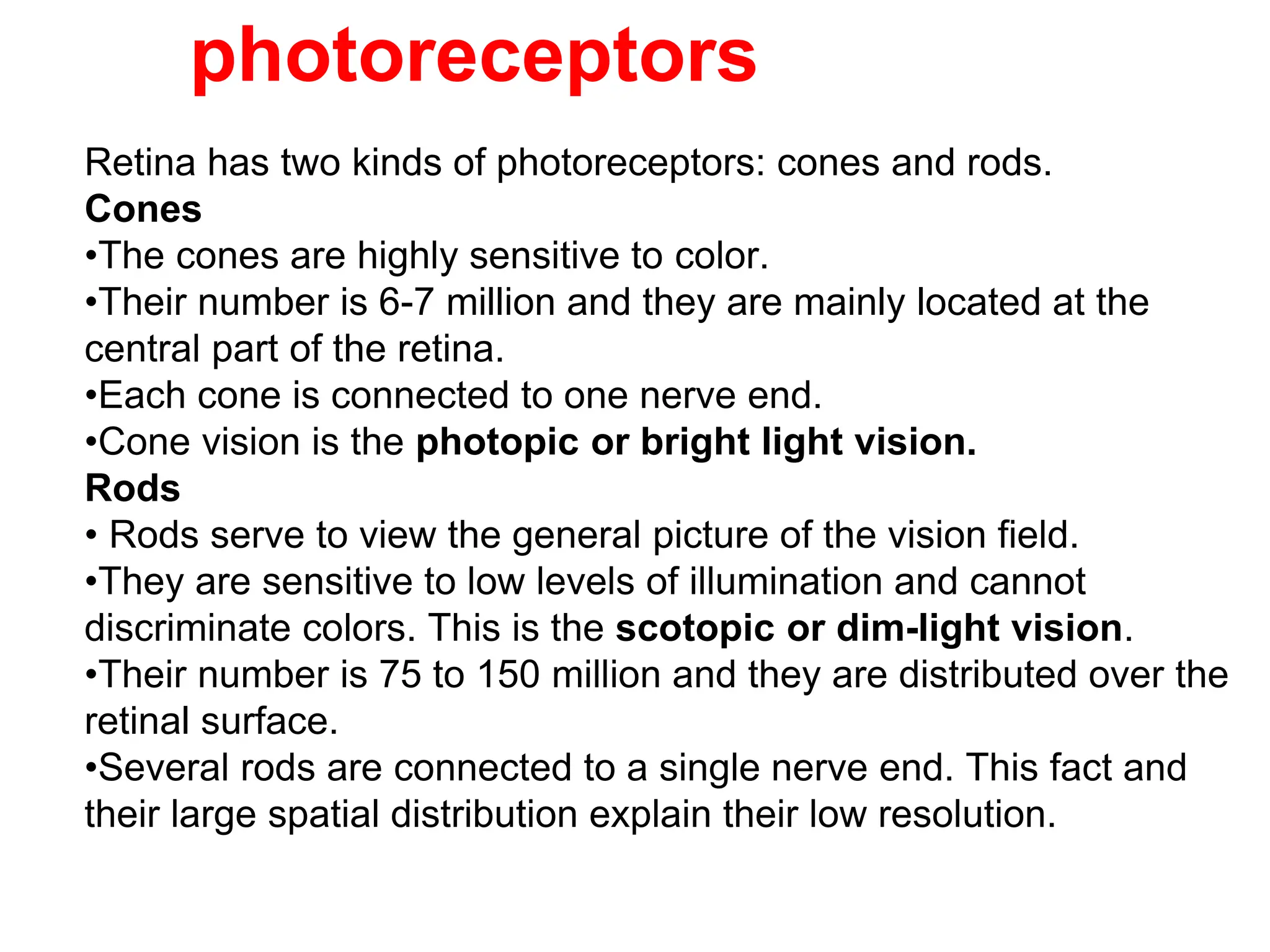 photoreceptors
Retina has two kinds of photoreceptors: cones and rods.
Cones
•The cones are highly sensitive to color.
•Their number is 6-7 million and they are mainly located at the
central part of the retina.
•Each cone is connected to one nerve end.
•Cone vision is the photopic or bright light vision.
Rods
• Rods serve to view the general picture of the vision field.
•They are sensitive to low levels of illumination and cannot
discriminate colors. This is the scotopic or dim-light vision.
•Their number is 75 to 150 million and they are distributed over the
retinal surface.
•Several rods are connected to a single nerve end. This fact and
their large spatial distribution explain their low resolution.
 