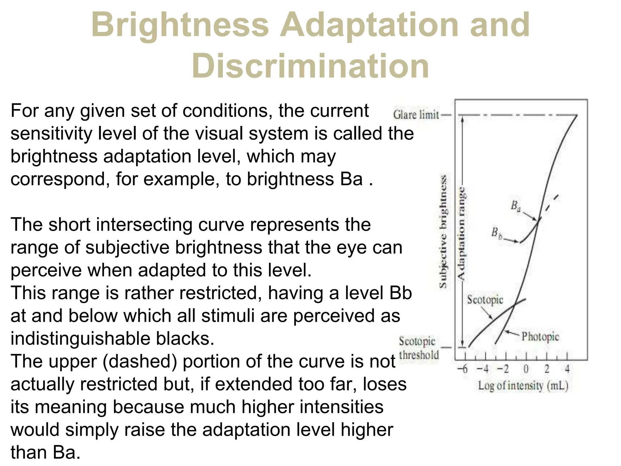 Brightness Adaptation and
Discrimination
For any given set of conditions, the current
sensitivity level of the visual system is called the
brightness adaptation level, which may
correspond, for example, to brightness Ba .
The short intersecting curve represents the
range of subjective brightness that the eye can
perceive when adapted to this level.
This range is rather restricted, having a level Bb
at and below which all stimuli are perceived as
indistinguishable blacks.
The upper (dashed) portion of the curve is not
actually restricted but, if extended too far, loses
its meaning because much higher intensities
would simply raise the adaptation level higher
than Ba.
 