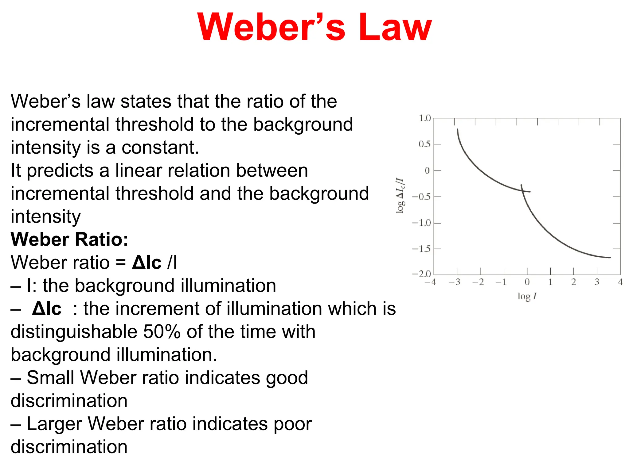 Weber’s Law
Weber’s law states that the ratio of the
incremental threshold to the background
intensity is a constant.
It predicts a linear relation between
incremental threshold and the background
intensity
Weber Ratio:
Weber ratio = ΔIc /I
– I: the background illumination
– ΔIc : the increment of illumination which is
distinguishable 50% of the time with
background illumination.
– Small Weber ratio indicates good
discrimination
– Larger Weber ratio indicates poor
discrimination
 