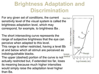 Brightness Adaptation and
Discrimination
For any given set of conditions, the current
sensitivity level of the visual system is called the
brightness adaptation level, which may
correspond, for example, to brightness Ba .
The short intersecting curve represents the
range of subjective brightness that the eye can
perceive when adapted to this level.
This range is rather restricted, having a level Bb
at and below which all stimuli are perceived as
indistinguishable blacks.
The upper (dashed) portion of the curve is not
actually restricted but, if extended too far, loses
its meaning because much higher intensities
would simply raise the adaptation level higher
than Ba.
 