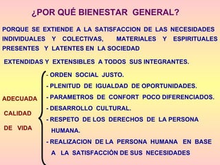 PORQUE SE EXTIENDE A LA SATISFACCION DE LAS NECESIDADES
INDIVIDUALES Y COLECTIVAS, MATERIALES Y ESPIRITUALES
PRESENTES Y LATENTES EN LA SOCIEDAD
EXTENDIDAS Y EXTENSIBLES A TODOS SUS INTEGRANTES.
¿POR QUÉ BIENESTAR GENERAL?
- ORDEN SOCIAL JUSTO.
- PLENITUD DE IGUALDAD DE OPORTUNIDADES.
- PARAMETROS DE CONFORT POCO DIFERENCIADOS.
- DESARROLLO CULTURAL.
- RESPETO DE LOS DERECHOS DE LA PERSONA
HUMANA.
- REALIZACION DE LA PERSONA HUMANA EN BASE
A LA SATISFACCIÓN DE SUS NECESIDADES
ADECUADA
CALIDAD
DE VIDA
 