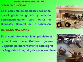 INSTRUMENTOS DEL ESTADO
DESARROLLO NACIONAL:
Es el conjunto de medidas y acciones
que el gobierno genera y ejecuta
permanentemente para lograr el
Bienestar General de la población.
DEFENSA NACIONAL:
Es el conjunto de medidas, previsiones
y acciones que el Gobierno genera
y ejecuta permanentemente para lograr
la Seguridad Integral y alcanzar sus fines.
 