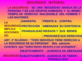 LA SEGURIDAD: ES UNA NECESIDAD BASICA DE LA
PERSONA Y DE LOS GRUPOS HUMANOS, Y AL MISMO
TIEMPO UN DERECHO INALIENABLE DEL HOMBRE Y
LAS NACIONES.
SEGURIDAD INTEGRAL
LA
SEGURIDAD
IMPLICA
NOCIONES
DE:
-GARANTIA FRENTE A: CONTRA:
-PROTECCIÓN AMENAZAS SU EXISTENCIA
-TRANQUILIDAD RIESGOS Y SUS BIENES
PRESIONES SUS DERECHOS
ART. 3° DU-DDHH : “TODO INDIVIDUO TIENE DERECHO A
LA SEGURIDAD DE SU PERSONA” Más adelante
considera que “todos tienen derecho a ser protegidos”.
OBJETIVAMENTE AUSENCIA DE AMENAZAS
SUBJETIVAMENTE AUSENCIA DE TEMOR -
TRANQUILIDAD
SEGURIDAD
 