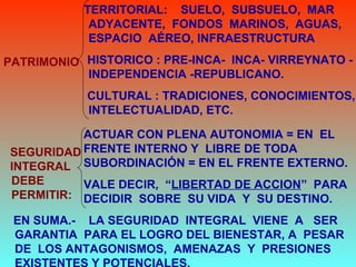 TERRITORIAL: SUELO, SUBSUELO, MAR
ADYACENTE, FONDOS MARINOS, AGUAS,
ESPACIO AÉREO, INFRAESTRUCTURA
HISTORICO : PRE-INCA- INCA- VIRREYNATO -
INDEPENDENCIA -REPUBLICANO.
CULTURAL : TRADICIONES, CONOCIMIENTOS,
INTELECTUALIDAD, ETC.
PATRIMONIO
ACTUAR CON PLENA AUTONOMIA = EN EL
FRENTE INTERNO Y LIBRE DE TODA
SUBORDINACIÓN = EN EL FRENTE EXTERNO.
VALE DECIR, “LIBERTAD DE ACCION” PARA
DECIDIR SOBRE SU VIDA Y SU DESTINO.
SEGURIDAD
INTEGRAL
DEBE
PERMITIR:
EN SUMA.- LA SEGURIDAD INTEGRAL VIENE A SER
GARANTIA PARA EL LOGRO DEL BIENESTAR, A PESAR
DE LOS ANTAGONISMOS, AMENAZAS Y PRESIONES
 