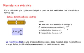 Es la dificultad que opone un cuerpo al paso de los electrones. Su unidad es el
Ohmio (Ω),
S
L
R
Donde:
R = es el valor de la resistencia en ohmios ( )
= es la resistividad del material ( )
L = la longitud del elemento (m).
S = la sección del elemento mm².
m
mm2
Resistencia eléctrica
La resistividad (ρ) es una propiedad intrínseca de cada material, cada material tiene
la suya, indica la dificultad que encuentran los electrones a su paso.
Calculo de la Resistencia eléctrica
 