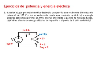 1.- Calcular a)¿qué potencia eléctrica desarrolla una parrilla que recibe una diferencia de
potencial de 120 V y por su resistencia circula una corriente de 6 A. b) la energía
eléctrica consumida por mes en kWh, al estar encendida la parrilla 45 minutos diarios.
c) ¿Cuál es el costo de energía eléctrica de la parrilla si el precio de 1 kWh es de Bs 0,9
Ejercicios de potencia y energía eléctrica
= ??
120 V
I = 6 A
P = ?
Eng = ?
parrilla
 