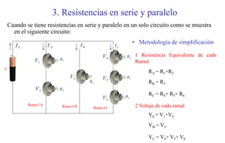 3. Resistencias en serie y paralelo
    Cuando se tiene resistencias en serie y paralelo en un solo circuito como se muestra
      en el siguiente circuito:

                       IA               IB
                                                                   • Metodología de simplificación
       IT                                                IC

                                                  V4          R4    1 Resistencia Equivalente de cada
               V1           R1
                                                                    Ramal
V
                                                                          RA = R1+R2
                                 V3               V5          R5
                                             R3                           RB = R3
               V2           R2
                                                              R6
                                                                          RC = R4+ R5+ R6
                                                  V6
            Rama l A         Rama l B                               2 Voltaje de cada ramal
                                              Rama l C
                                                                          VA = V1+V2
                                                                          VB = V3

                                                                          VC = V4+ V5+ V6
 