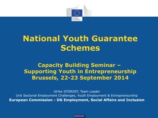 Social Europe
National Youth Guarantee
Schemes
Capacity Building Seminar –
Supporting Youth in Entrepreneurship
Brussels, 22-23 September 2014
Ulrike STOROST, Team Leader
Unit Sectorial Employment Challenges, Youth Employment & Entrepreneurship
European Commission - DG Employment, Social Affairs and Inclusion
 